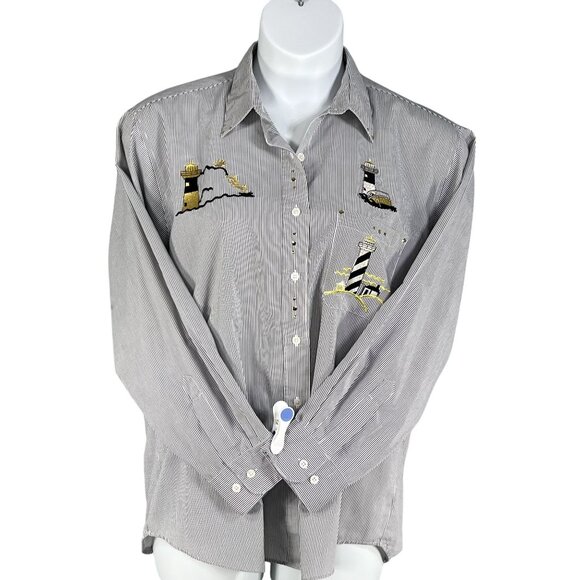 Las Olas Women Shirt L Lighthouse Embroidered Rhinestones Striped Nautical Artsy - Picture 6 of 16